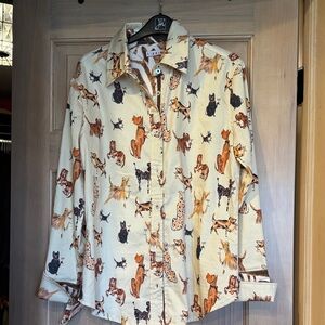 Tizzie Cream Button-Up Shirt with Cat and Dog Print